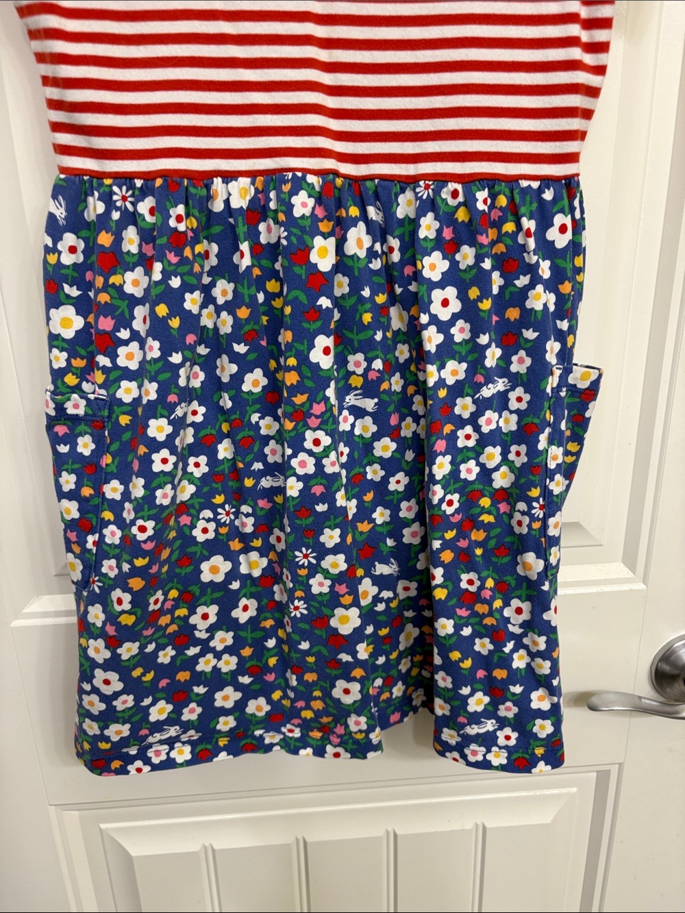 Hanna Andersson Red & Blue Floral Mixed-Print Dress Stripes, flowers, bunnies - Picture 3 of 10
